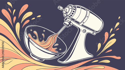 Vintage stand mixer mixing batter in bowl baking kitchen appliance cooking food preparation recipe illustration