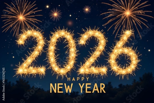 Happy New Year 2026. Beautiful creative holiday web banner or flyer with Golden firework and sparkling number 2026 on night blue sky background