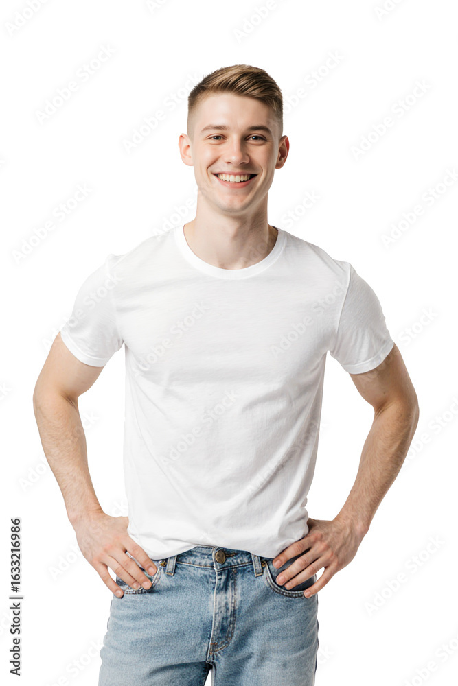 Fototapeta premium Young man wearing white t-shirt and blue jeans, isolated on transparent background