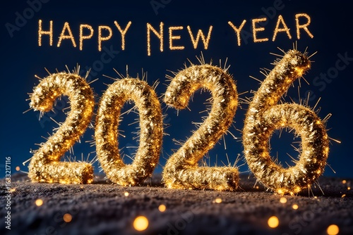 Happy New Year 2026. Beautiful creative holiday web banner or flyer with Golden firework and sparkling number 2026 on night blue sky background