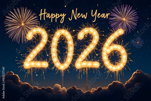 Happy New Year 2026. Beautiful creative holiday web banner or flyer with Golden firework and sparkling number 2026 on night blue sky background