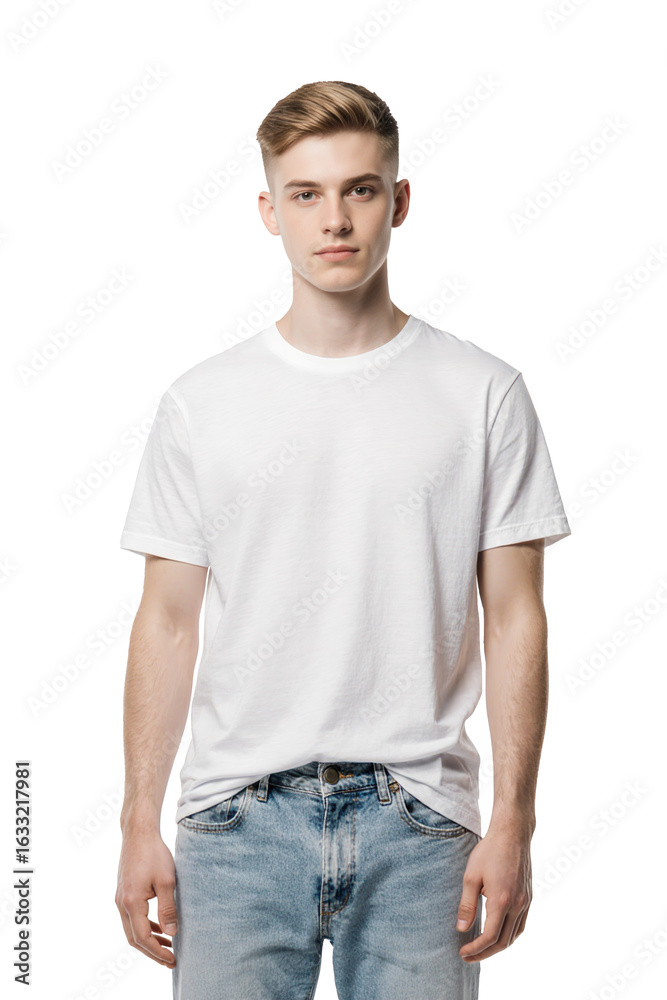 Obraz premium Young man wearing white t-shirt and blue jeans, isolated on transparent background