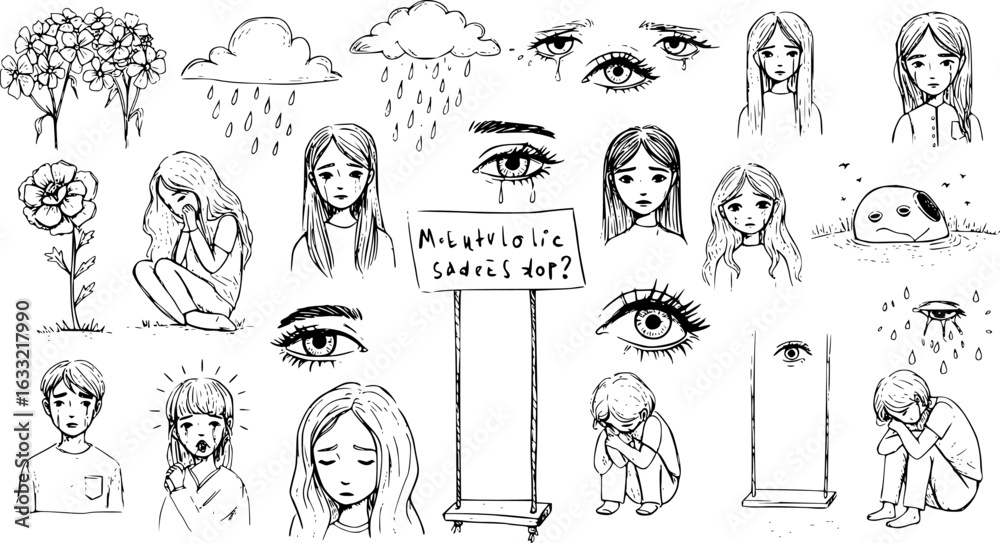Fototapeta premium Line art collection: Hand-drawn sketches of emotional distress, featuring sad faces, weeping eyes, crying figures, melancholic symbols, and elements of loneliness.