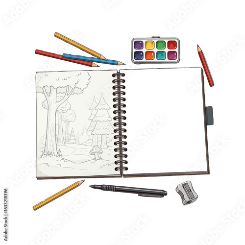 Open sketchbook with forest drawing, pencils, watercolors, and sharpener, ready for artistic creation.