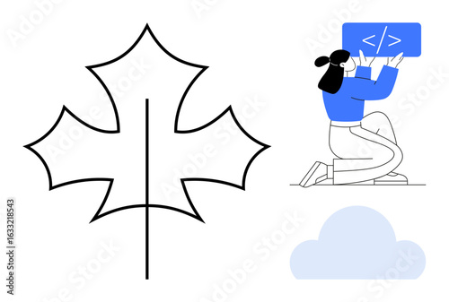 Woman writing code on a screen, stylized maple leaf, and cloud symbol. Ideal for technology, innovation, coding, nature integration, sustainability, remote work simple landing page