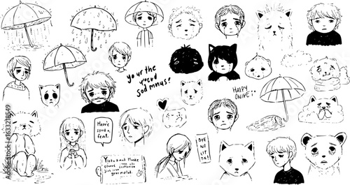 Melancholy Doodle Art: A collection of hand-drawn black and white sketches featuring crying boys, girls, cats, bears, and umbrellas in rain, conveying themes of sadness and introspection.