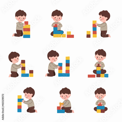 Happy little boy engaged in constructive play with bright building blocks, promoting early education and imagination.