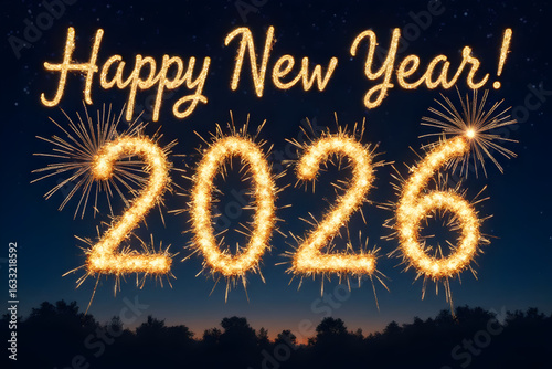 Happy New Year 2026. Beautiful creative holiday web banner or flyer with Golden firework and sparkling number 2026 on night blue sky background