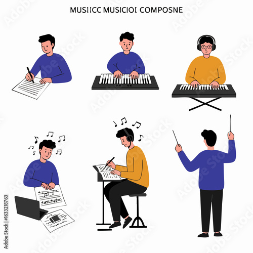 Men engaged in music composition and performance, illustrating roles like keyboardist, composer, producer, and conductor in the creative music industry with a flat design style.
