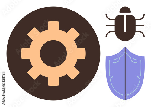 Gear for settings, shield for protection, and bug for software vulnerabilities. Ideal for cybersecurity, technology, IT solutions, system optimization, safeguarding debugging development. Simple