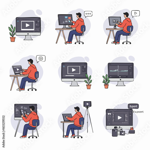 Illustration series depicting a man engaging in video editing and content creation using various devices, showcasing the modern digital media production workflow and post-production processes.