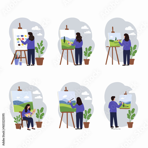 Set of illustrations showing people painting on easels, engaging in creative art, and developing their artistic skills with paints and brushes.