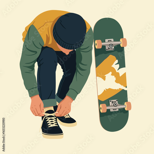 Person Tying Shoelaces Next to Skateboard in a Graphic Style Image