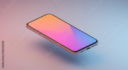 3D rendered smartphone mockup with a colorful gradient screen. The device is levitating, ideal for showcasing mobile app or web user interface designs.