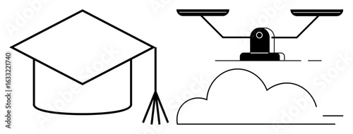 Graduation cap next to balance scale resting on a cloud. Represents education, fairness, equality, aspiration, achievement, wisdom, and harmony. Ideal for education justice ethics legal equality