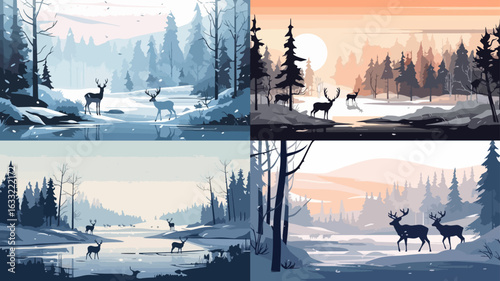 Four seasonal views of a wooded area with deer near a reflecting body of water.