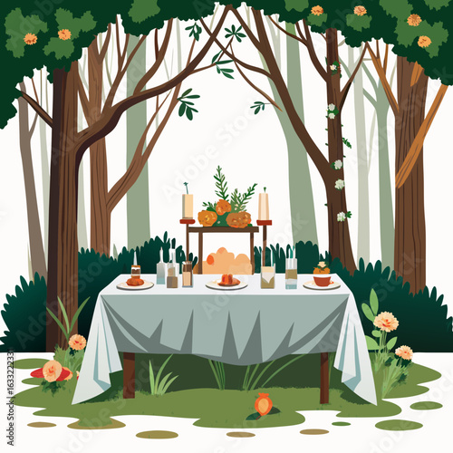 Forest altar with food and flowers isolated on white background
