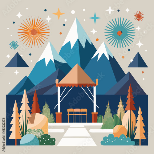 Mountain landscape with gazebo and fireworks isolated on white background