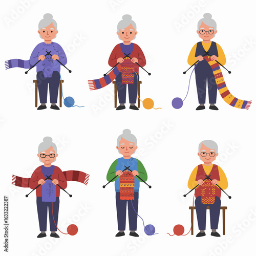 Set of illustrations depicting grandmothers happily knitting colorful scarves, enjoying their hobby and crafting handmade items.