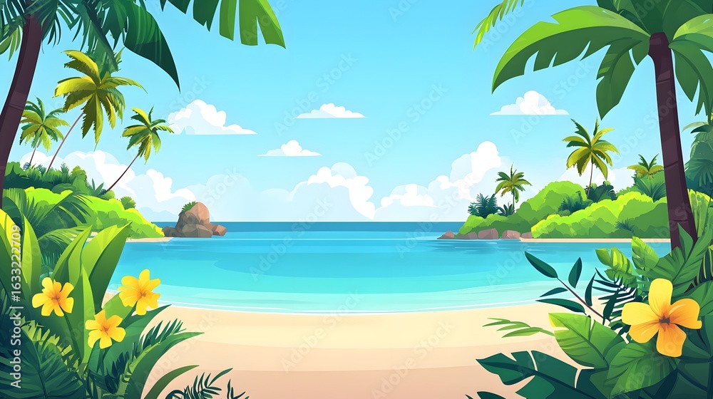 Fototapeta premium Tropical beach scene with lush foliage and a tranquil ocean.