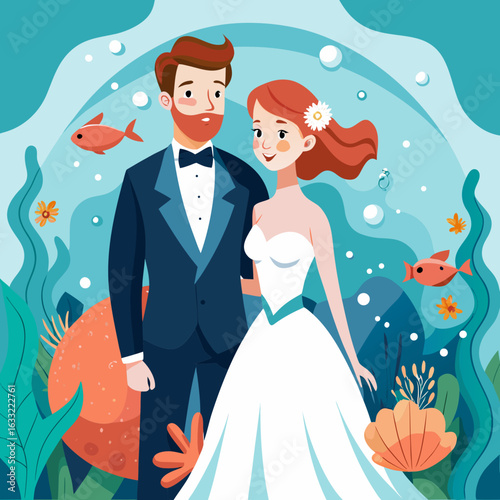 Bride and groom in underwater scene isolated on white background