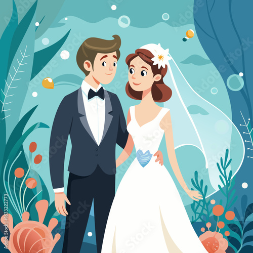 Happy bride and groom in a romantic setting isolated on white background