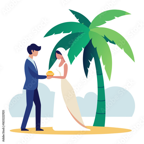 Couple exchanging rings under a palm tree isolated on white background