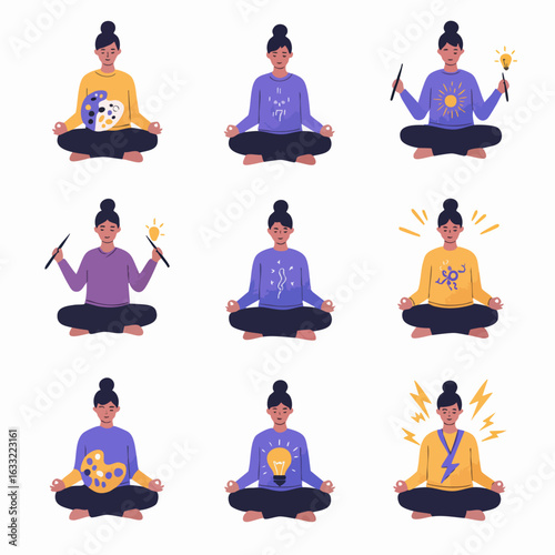 Mindful Woman in Lotus Pose Showcasing Diverse Aspects of Inspiration and Mental Clarity