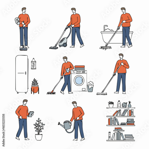 Man Performing Diverse Household Chores and Daily Activities at Home.