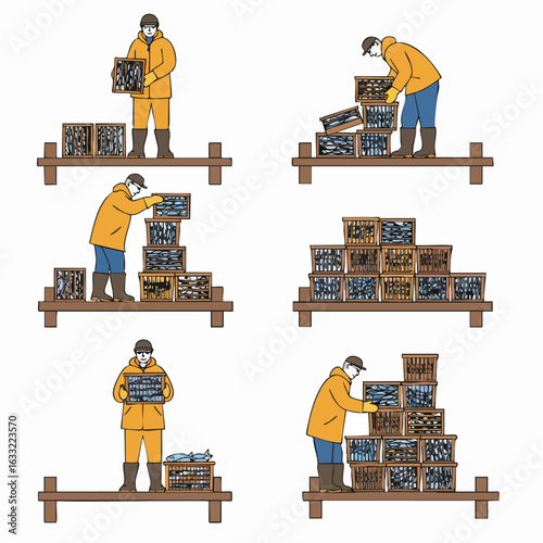 Illustration of a worker efficiently stacking and organizing fresh catch in wooden crates at a fish market or dock.