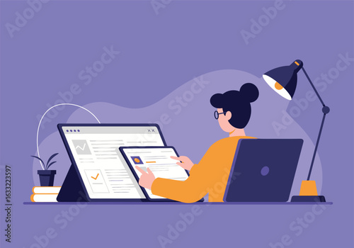 Illustration of a woman at her desk multitasking on a tablet and laptop. Human resources concept for online recruitment and hiring.