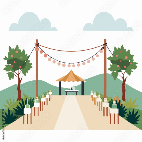 Outdoor wedding ceremony venue with string lights and trees isolated on white background