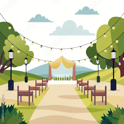 Outdoor wedding ceremony venue with seating and string lights isolated on white background