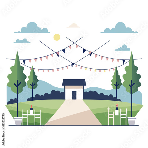 Festive outdoor scene with a house and garden party decorations isolated on white background