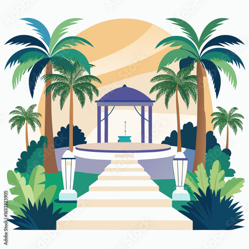Tropical gazebo and palm trees event venue isolated on white background