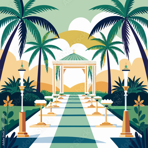 Tropical wedding ceremony venue with palm trees and gazebo isolated on white background