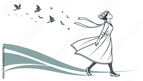 Illustration of a woman in a dress with birds flying away, symbolizing freedom and hope, isolated on white background