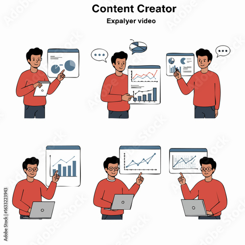 Illustrations of a Person Presenting and Analyzing Data with Charts and Graphs for Business Content Creation and Explainer Videos