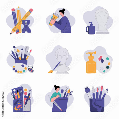 Art and Creativity Flat Illustration Set: Tools, Supplies, and Artistic Process