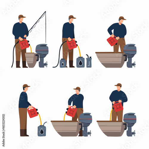 Man fueling a boat and portable containers with gasoline from a red jerry can, depicting the essential fuel transfer process for marine engines.