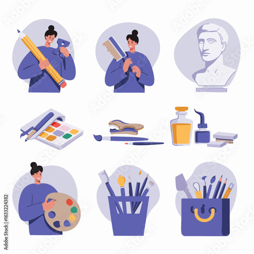 Creative Art Supplies and Tools Collection: Illustrations of Painting, Drawing, and Sculpting Equipment with Artists. Ideal for Artistic Hobbies and Education.