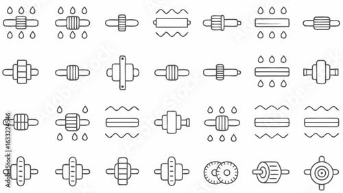 Collection of various line art icons depicting different industrial rollers and water filtration systems silhouette
