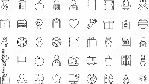Illustration showing multiple line art icons including calendar apple camera and other miscellaneous objects silhouette