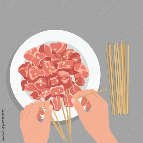 Putting Meat Cubes on Skewers for Grilling Preparation Illustration Style