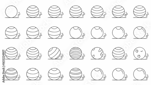 Collection of exercise balls with varying designs and motion lines arranged in a grid pattern image silhouette