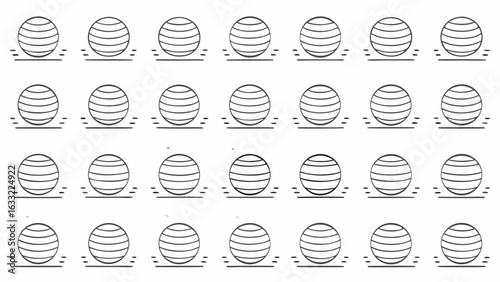 Illustration featuring multiple exercise balls arranged in a grid pattern with horizontal lines on each ball silhouette