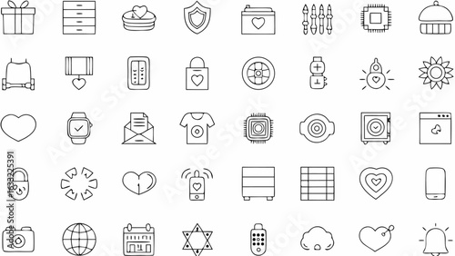 Collection of outline icons including a gift box drawers pancakes shield and other various symbols silhouette