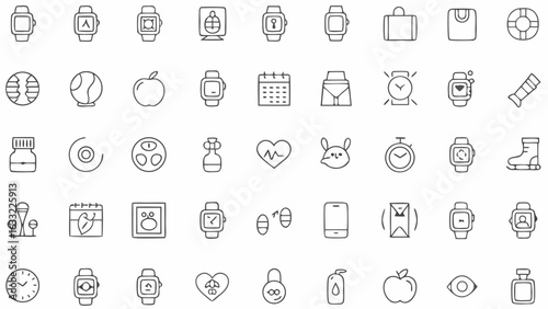Collection of various outline icons including smartwatches, fitness, health, and miscellaneous objects set up silhouette
