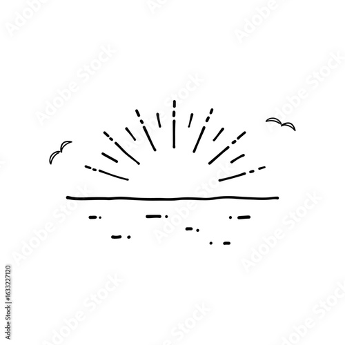 海と太陽とカモメの手描きイラスト 夏の風景 ベクター、線画