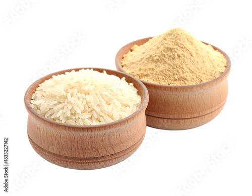 Raw Basmati Rice and Chapati Flour in Wooden Bowls